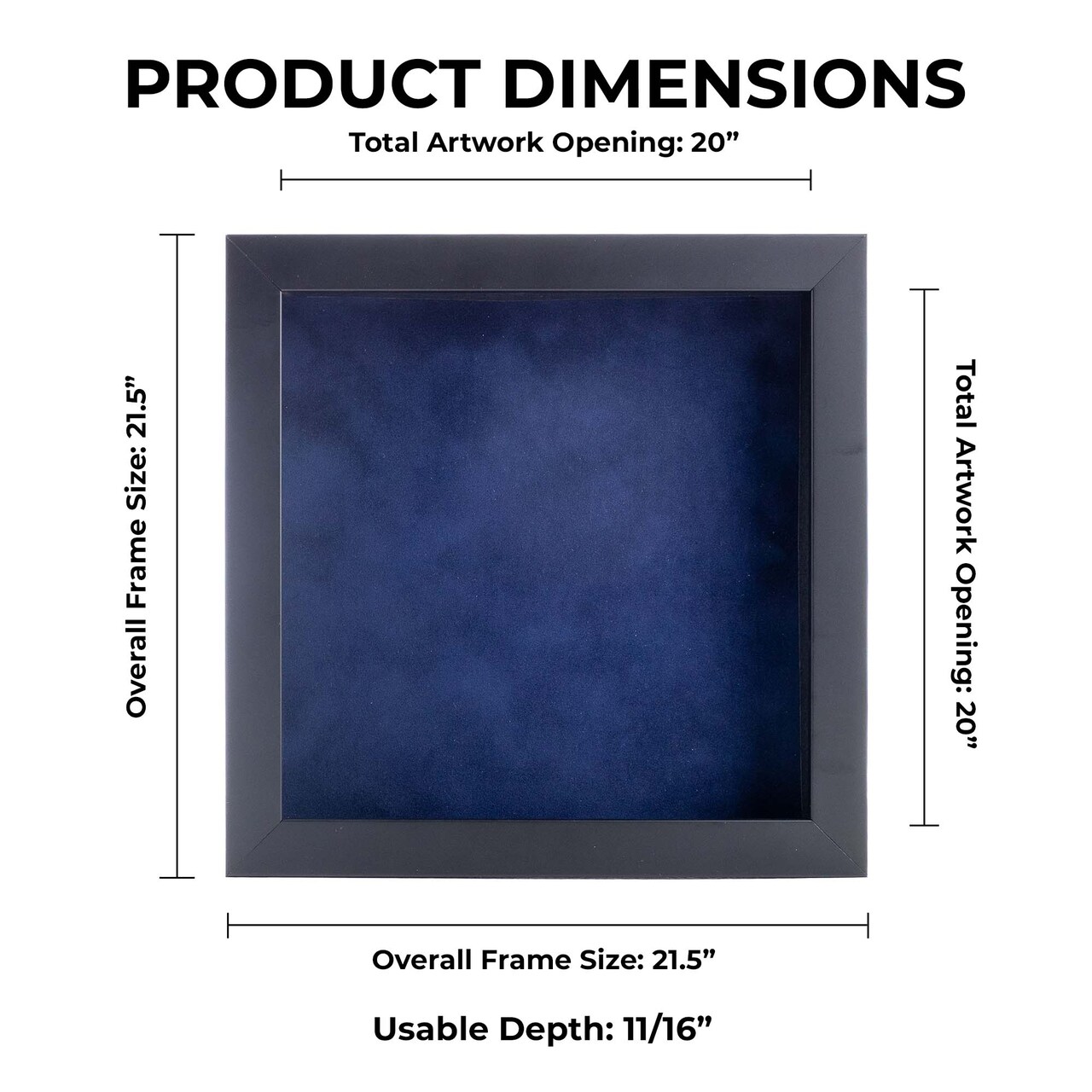 Classic Black Wood Shadown Box Frame with Acrylic Front - Navy Blue Suede Backing, 30 Sizes